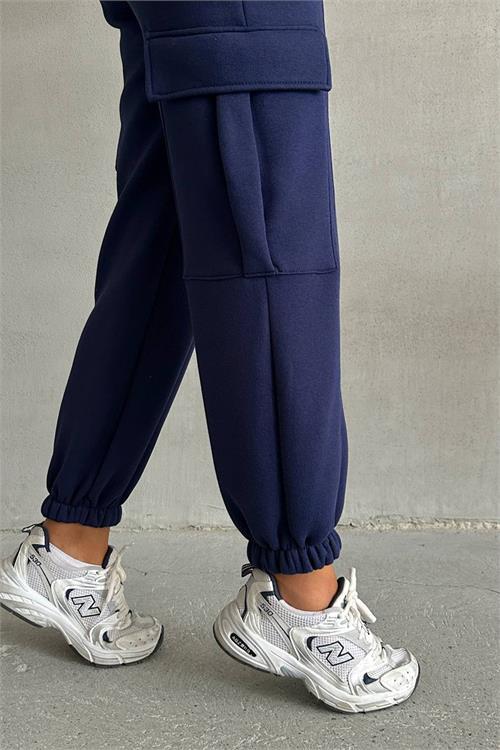 Dipmoda kadın lacivert kargo cepli eşofman takımı NBG041 