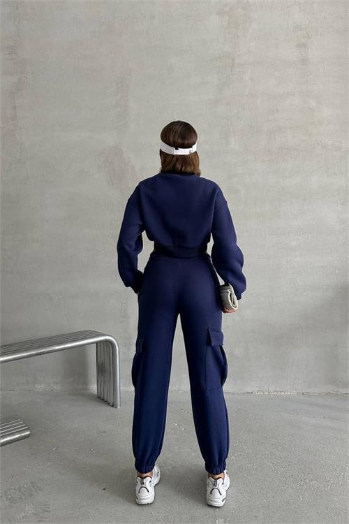 Dipmoda kadın lacivert kargo cepli eşofman takımı NBG041 
