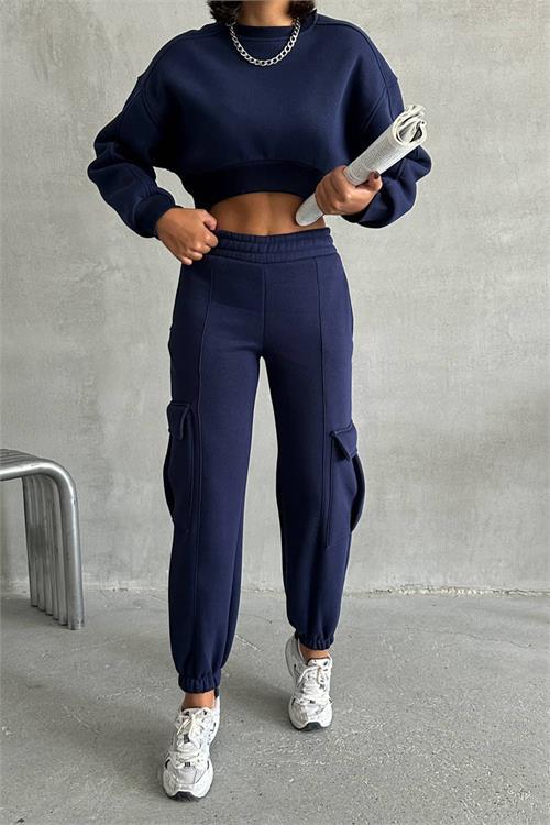 Dipmoda kadın lacivert kargo cepli eşofman takımı NBG041 