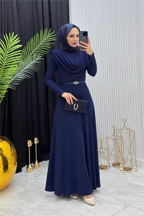 Dipmoda kadın lacivert sandy kumaş degaje yaka kemer detaylı tesettür elbise---- NMS096