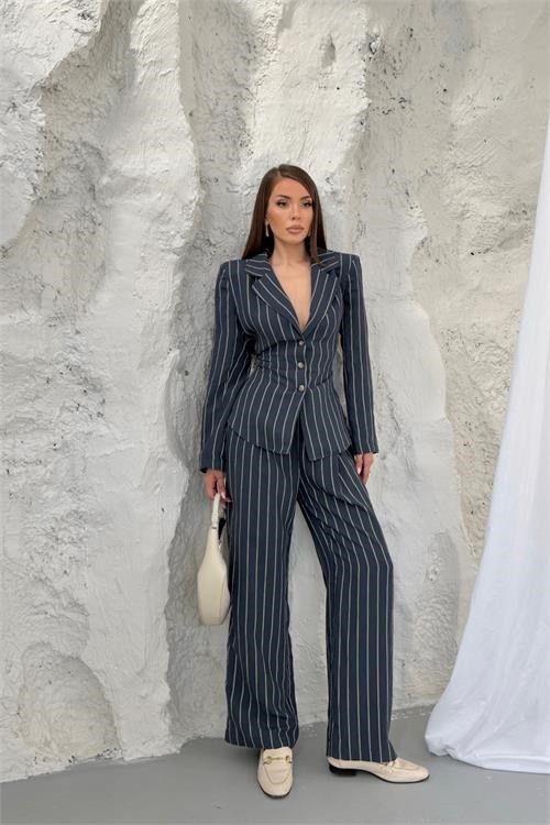 Dipmoda kadın lacivert şerit desenli bel bağlamalı blazer ceket pantolon takım --- DPNP030