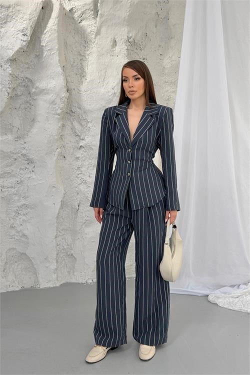 Dipmoda kadın lacivert şerit desenli bel bağlamalı blazer ceket pantolon takım --- DPNP030
