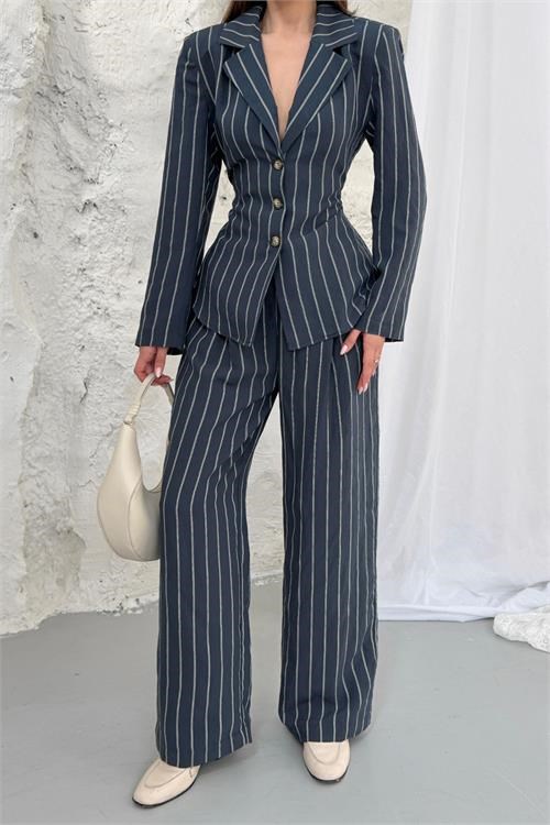 Dipmoda kadın lacivert şerit desenli bel bağlamalı blazer ceket pantolon takım --- DPNP030