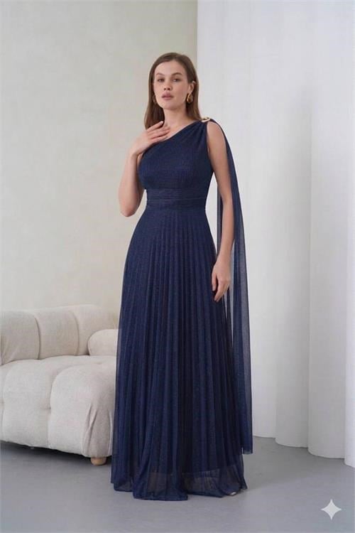 Dipmoda kadın lacivert tek omuz tokalı drape detaylı ışıltılı tül kumaş abiye elbise --- DPS9388