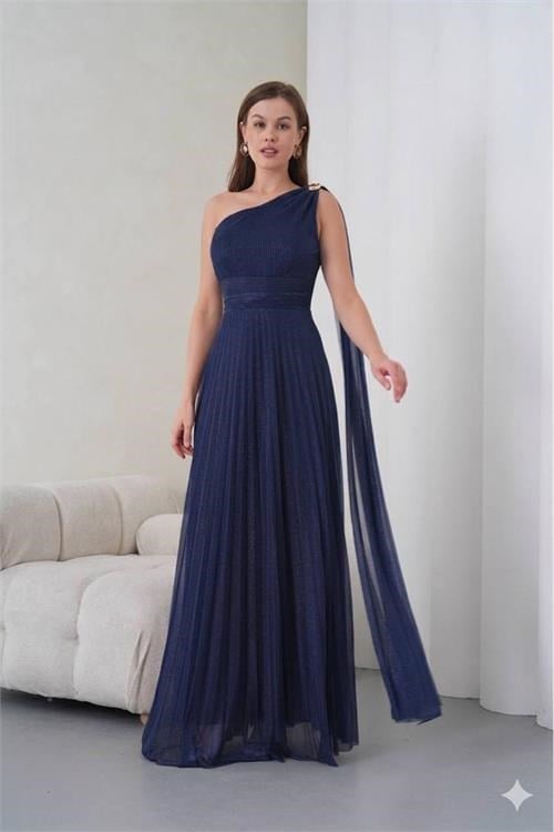 Dipmoda kadın lacivert tek omuz tokalı drape detaylı ışıltılı tül kumaş abiye elbise --- DPS9388