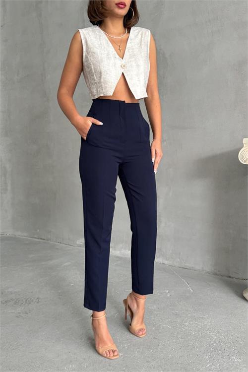 Dipmoda kadın lacivert yüksek bel kumaş pantolon DPNBG062