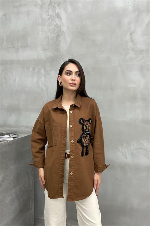 Dipmoda kadın leopar ayıcık armalı gömlek NBASP7336