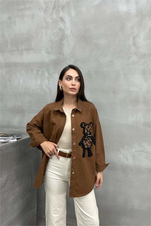 Dipmoda kadın leopar ayıcık armalı gömlek NBASP7336