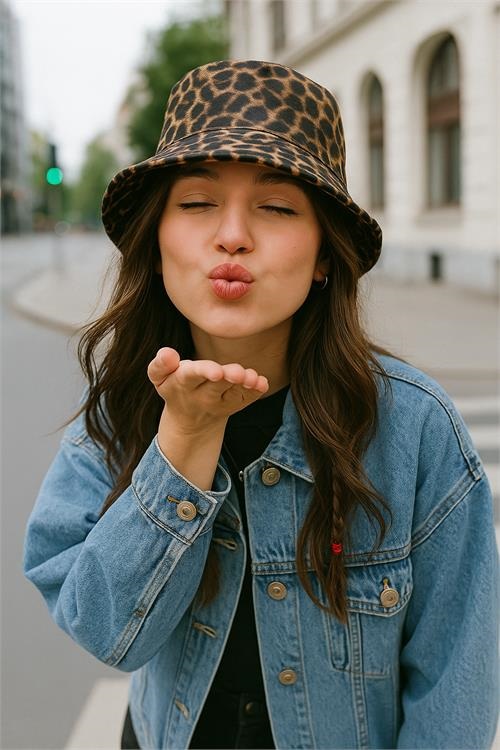 Dipmoda kadın leopar desenli balıkçı şapka DPAKS019