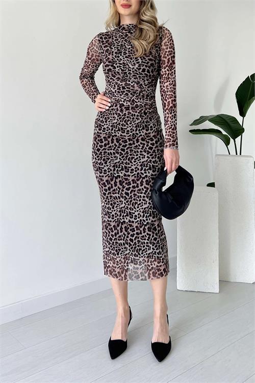 Dipmoda kadın leopar desenli drapeli tül elbise NBDKS01