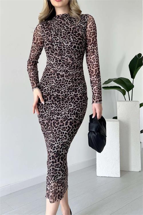 Dipmoda kadın leopar desenli drapeli tül elbise NBDKS01