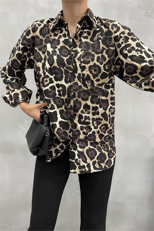 Dipmoda kadın leopar desenli gömlek DPNBASP6568