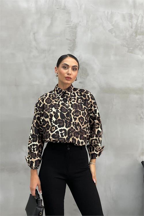 Dipmoda kadın leopar desenli gömlek DPNBASP6568