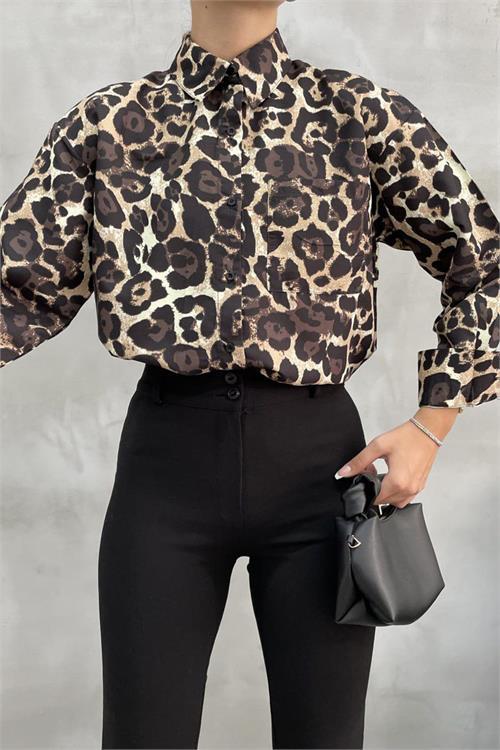 Dipmoda kadın leopar desenli gömlek DPNBASP6568