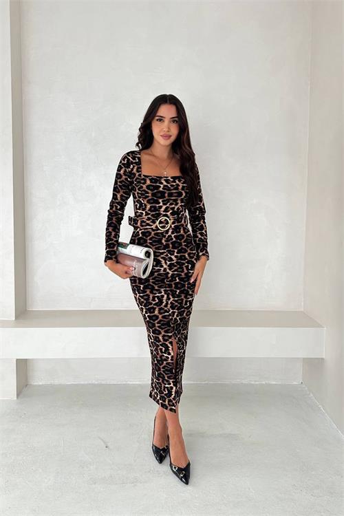 Dipmoda kadın leopar desenli kare yaka midi yırtmaçlı elbise DPK4319