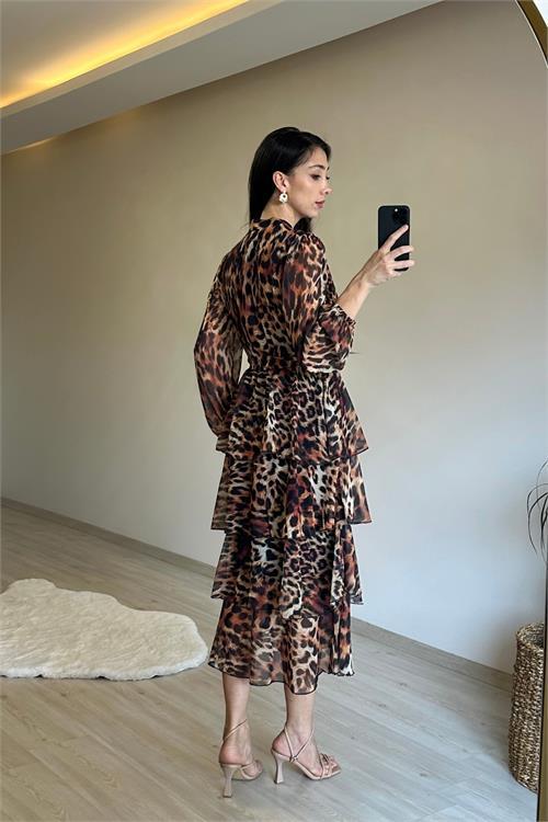 Dipmoda kadın leopar desenli kat kat volanlı şifon elbise NM014