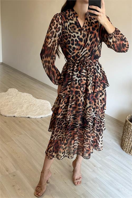 Dipmoda kadın leopar desenli kat kat volanlı şifon elbise NM014