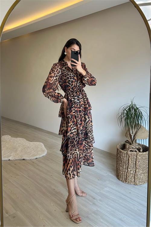 Dipmoda kadın leopar desenli kat kat volanlı şifon elbise NM014