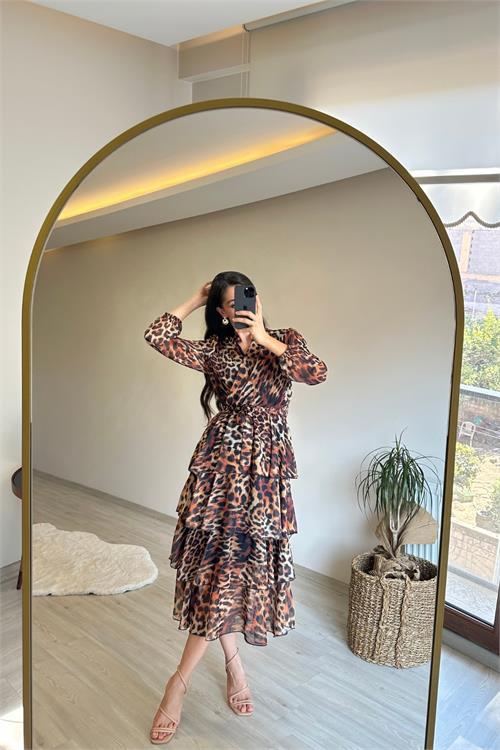 Dipmoda kadın leopar desenli kat kat volanlı şifon elbise NM014