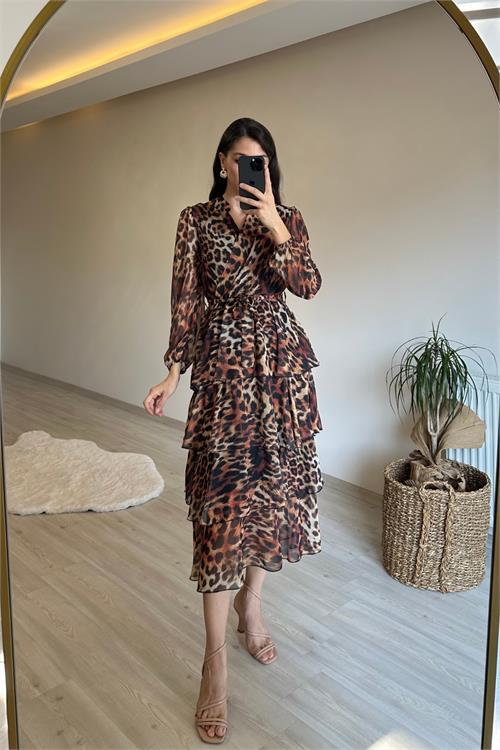 Dipmoda kadın leopar desenli kat kat volanlı şifon elbise NM014