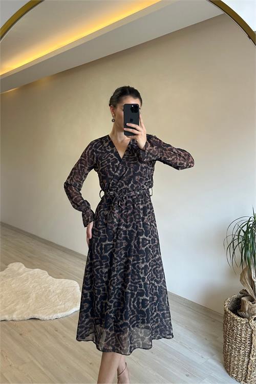 Dipmoda kadın leopar desenli kruvaze yaka midi şifon elbise NM020