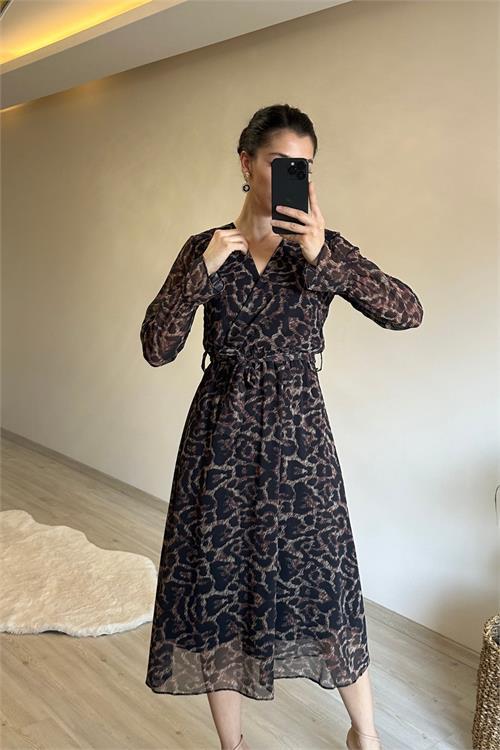 Dipmoda kadın leopar desenli kruvaze yaka midi şifon elbise NM020