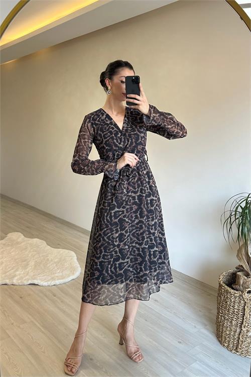 Dipmoda kadın leopar desenli kruvaze yaka midi şifon elbise NM020