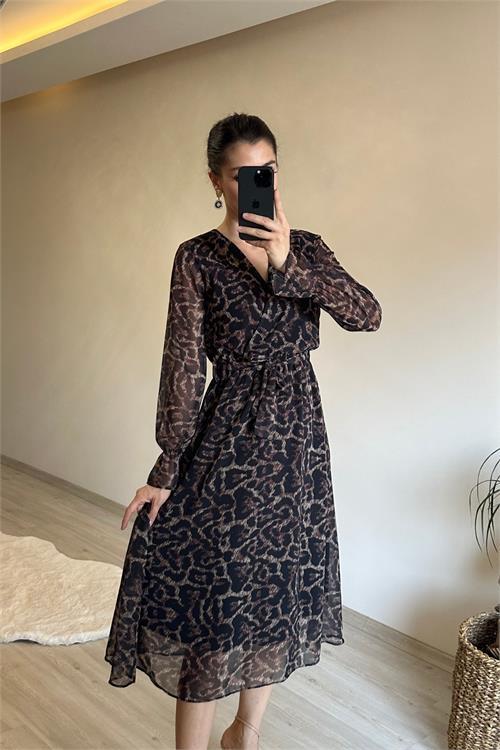 Dipmoda kadın leopar desenli kruvaze yaka midi şifon elbise NM020