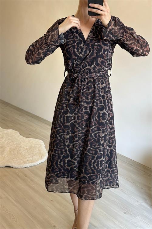 Dipmoda kadın leopar desenli kruvaze yaka midi şifon elbise NM020