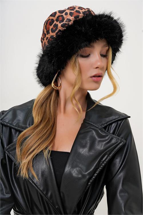 Dipmoda kadın leopar desenli kürklü kapitone bucket şapka DPAKS006