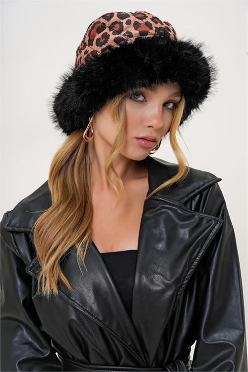 Dipmoda kadın leopar desenli kürklü kapitone bucket şapka DPAKS006
