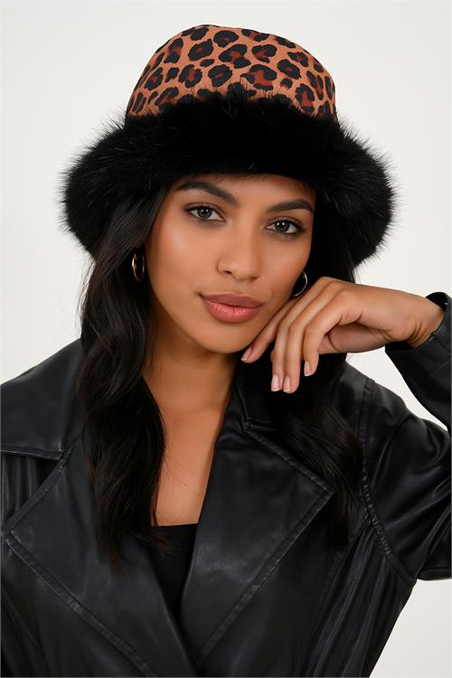 Dipmoda kadın leopar desenli kürklü kapitone bucket şapka DPAKS006