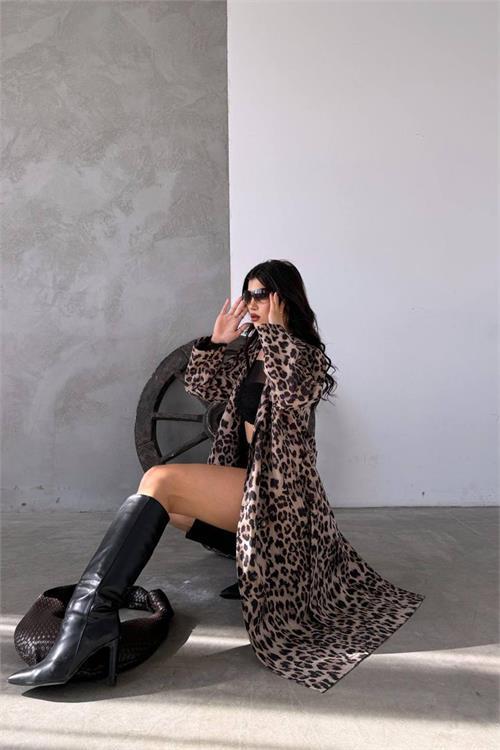 Dipmoda kadın leopar desenli midi boy trençkot NBMYLK31