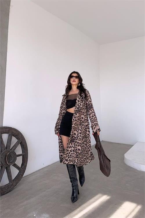 Dipmoda kadın leopar desenli midi boy trençkot NBMYLK31