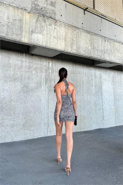 Dipmoda kadın leopar desenli mini elbise DPNBDF033-1