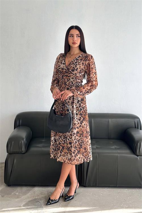 Dipmoda kadın leopar desenli şifon elbise DPNBK3044