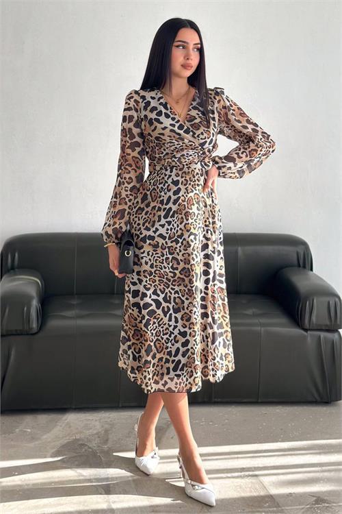Dipmoda kadın leopar desenli şifon elbise DPNBK3044