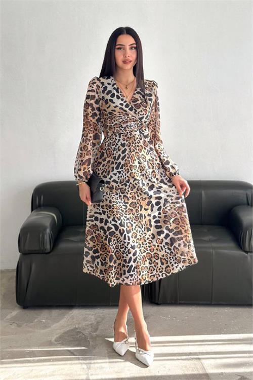 Dipmoda kadın leopar desenli şifon elbise DPNBK3044