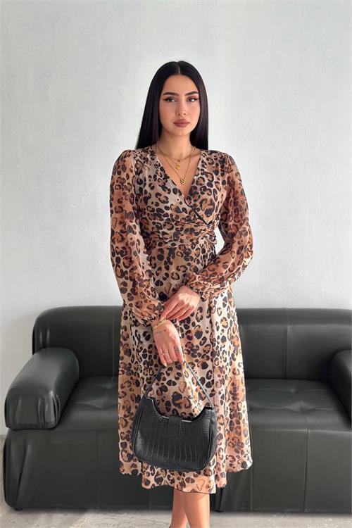 Dipmoda kadın leopar desenli şifon elbise DPNBK3044