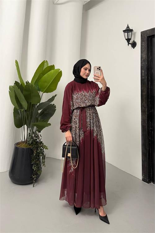 Dipmoda kadın leopar desenli şifon tesettür elbise NMS055
