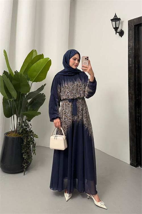 Dipmoda kadın leopar desenli şifon tesettür elbise NMS055