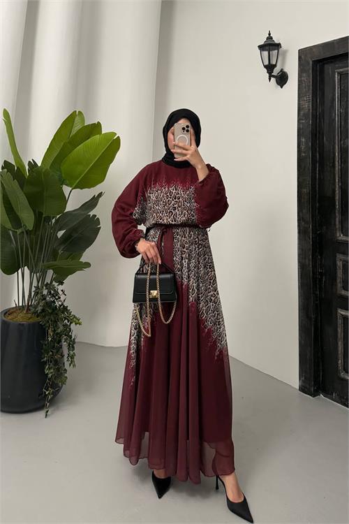 Dipmoda kadın leopar desenli şifon tesettür elbise NMS055