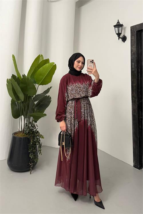 Dipmoda kadın leopar desenli şifon tesettür elbise NMS055