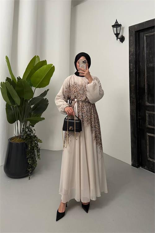 Dipmoda kadın leopar desenli şifon tesettür elbise NMS055