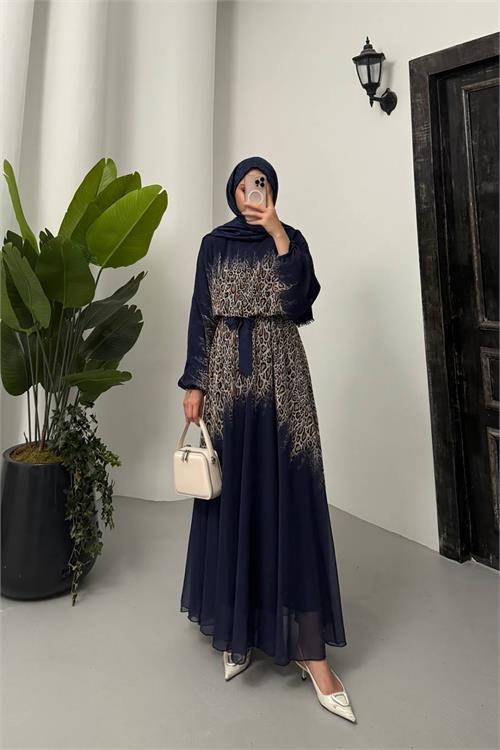 Dipmoda kadın leopar desenli şifon tesettür elbise NMS055