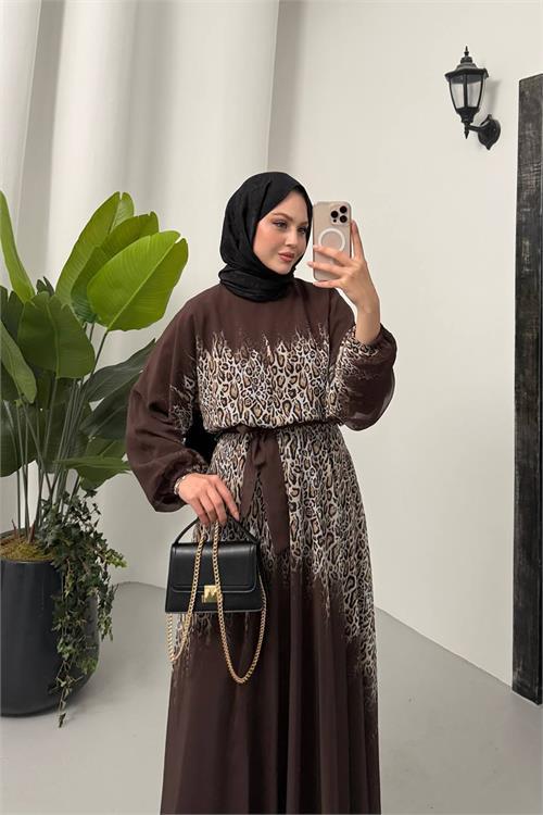 Dipmoda kadın leopar desenli şifon tesettür elbise NMS055