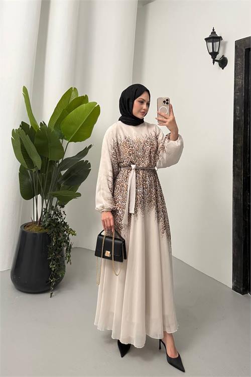 Dipmoda kadın leopar desenli şifon tesettür elbise NMS055