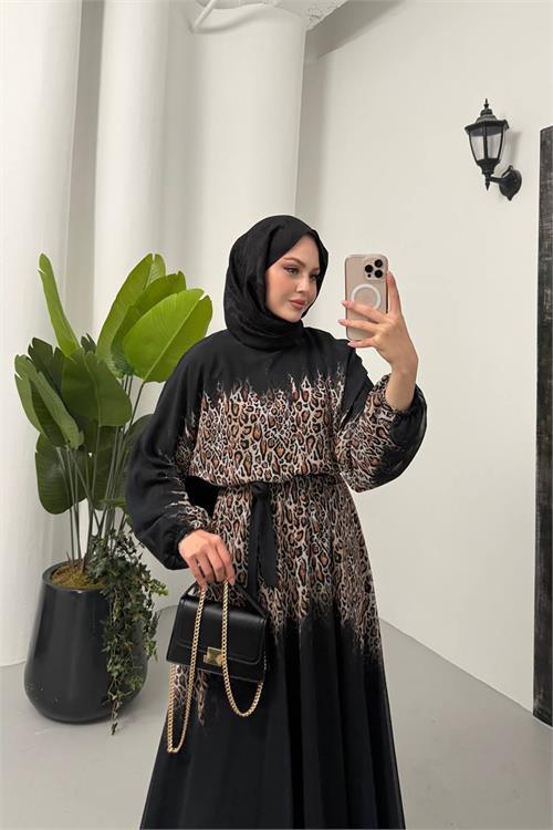 Dipmoda kadın leopar desenli şifon tesettür elbise NMS055