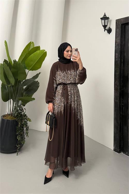 Dipmoda kadın leopar desenli şifon tesettür elbise NMS055