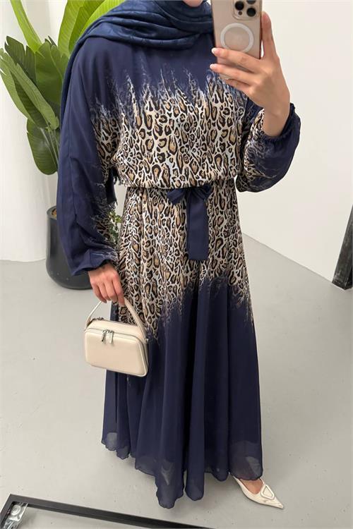 Dipmoda kadın leopar desenli şifon tesettür elbise NMS055